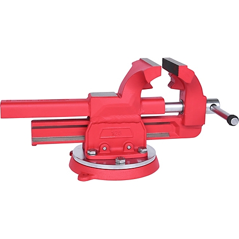 Roter Schraubstock mit Metallgriffen und Sockel. Der Schraubstock ist in der Mitte geöffnet.